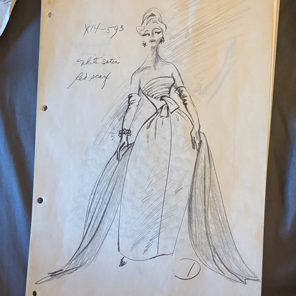 VINTAGE FASHION EPHEMERA 50s Dior White Satin Strapless Gown w/Red Scarf Detail